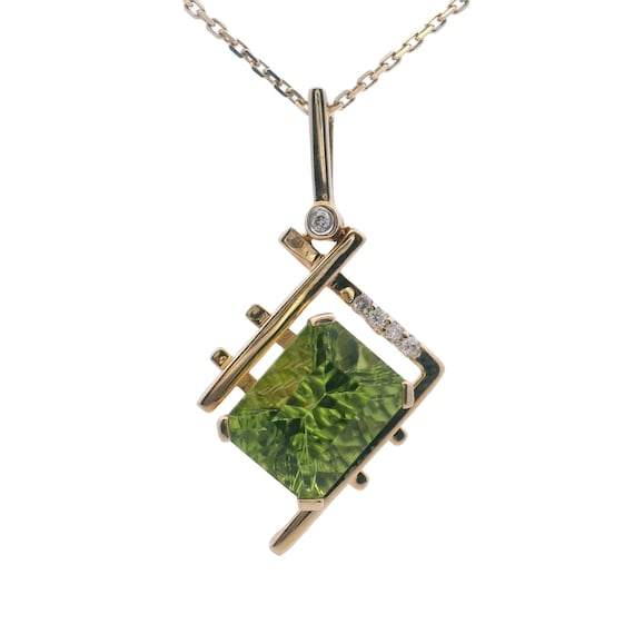 14k Gold Abstract Peridot Diamond Pendant: Modernist Fine Jewelry