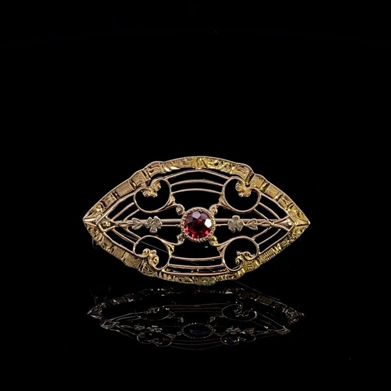 10k Yellow Gold Synthetic Ruby Filigree Brooch Pin