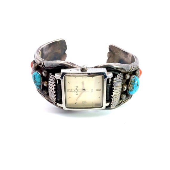 Signed SK Samson Kee Sterling Silver Turquoise & Coral Watch Cuff Bracelet Navajo