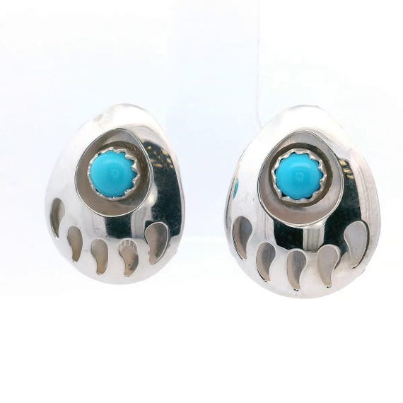 Sterling Silver Bear Paw Earrings: Turquoise Cabochon Southwestern Studs