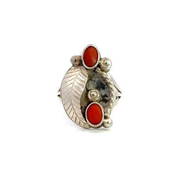 Exquisite Coral and Sterling Silver Ring Boho Chi… - image 1