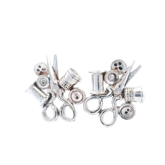 Sterling Silver Sewing Earrings Scissors Spool Th… - image 1