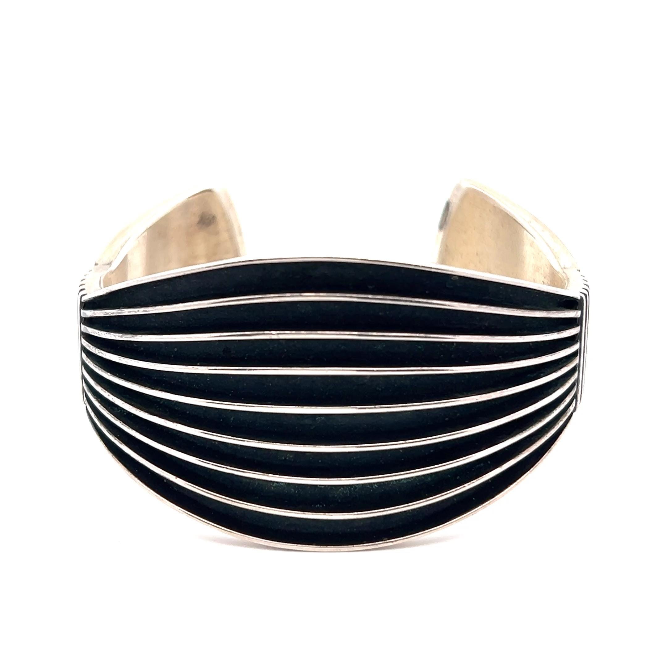 Sterling Silver Railroad Track Bracelet - Curved Cuff - Signed Johnny Mike Begay Navajo Artisan - Rare Pre-1974 Jewelry