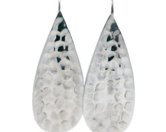 Sterling Silver Elongated Pear Hammered Dangle Earrings