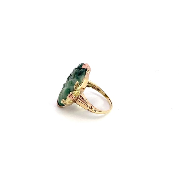 Carved Jade Jadeite Ring 10k Yellow Gold Floral T… - image 2