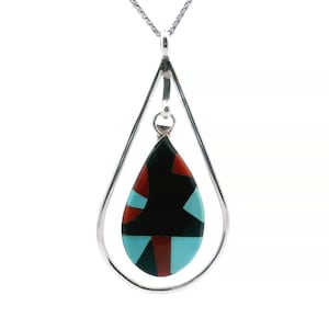Sterling Silver Zuni Inlay Pendant: Onyx, Turquoise, Coral Southwest Jewelry