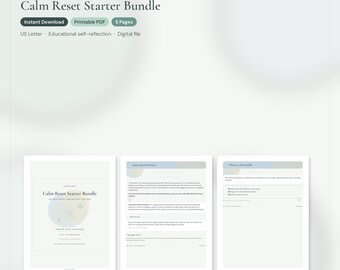 Puede incluir: Un paquete digital Calm Reset Starter Bundle de Maintenance Dept. con cinco páginas PDF imprimibles en tamaño US Letter. El conjunto incluye una guía educativa de autorreflexión, un aviso legal importante y una lista de contenidos.