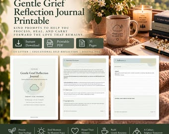 May include: A digital Gentle Grief Reflection Journal printable featuring 35 pages in US Letter size. The display shows the title, a speckled mug with the text Grief Lives In Love Too, a candle, and three sample pages with prompts and lines.