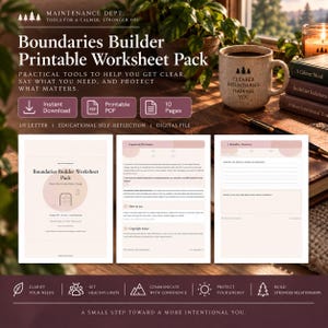 Può includere: Un pacchetto di fogli di lavoro stampabili Boundaries Builder con dieci pagine di strumenti di autoriflessione. Il set include una copertina, un disclaimer e un foglio di inventario dei confini, presentati in tonalità rosa e bianco.