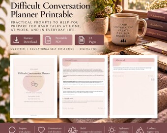 Puede incluir: Un conjunto imprimible de planificador de conversaciones difíciles que incluye 12 páginas en tamaño carta de EE. UU. El documento contiene indicaciones prácticas para la autorreflexión, la preparación para charlas difíciles e instrucciones de uso en una paleta de colores neutros.
