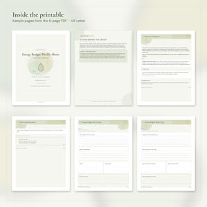 Puede incluir: Un conjunto de seis p&aacute;ginas imprimibles tituladas Energy Budget Weekly Sheets, con una paleta de colores en verde suave y blanco. Los documentos incluyen texto instructivo, una nota inicial, descargos de responsabilidad y formularios de seguimiento.