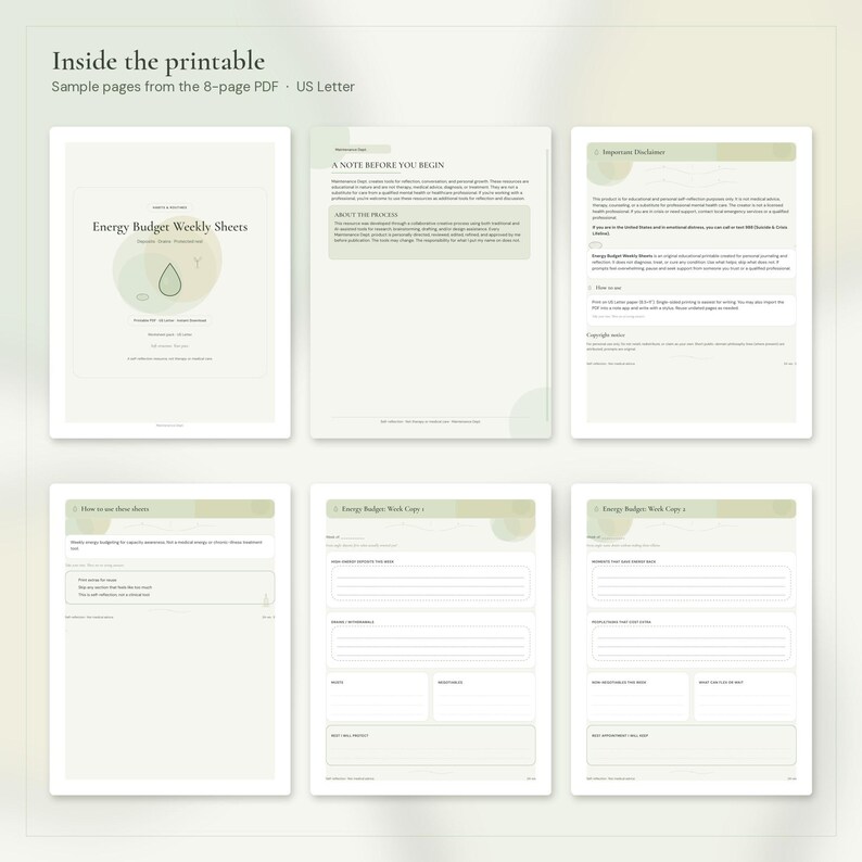 Puede incluir: Un conjunto de seis p&aacute;ginas imprimibles tituladas Energy Budget Weekly Sheets, con una paleta de colores en verde suave y blanco. Los documentos incluyen texto instructivo, una nota inicial, descargos de responsabilidad y formularios de seguimiento.