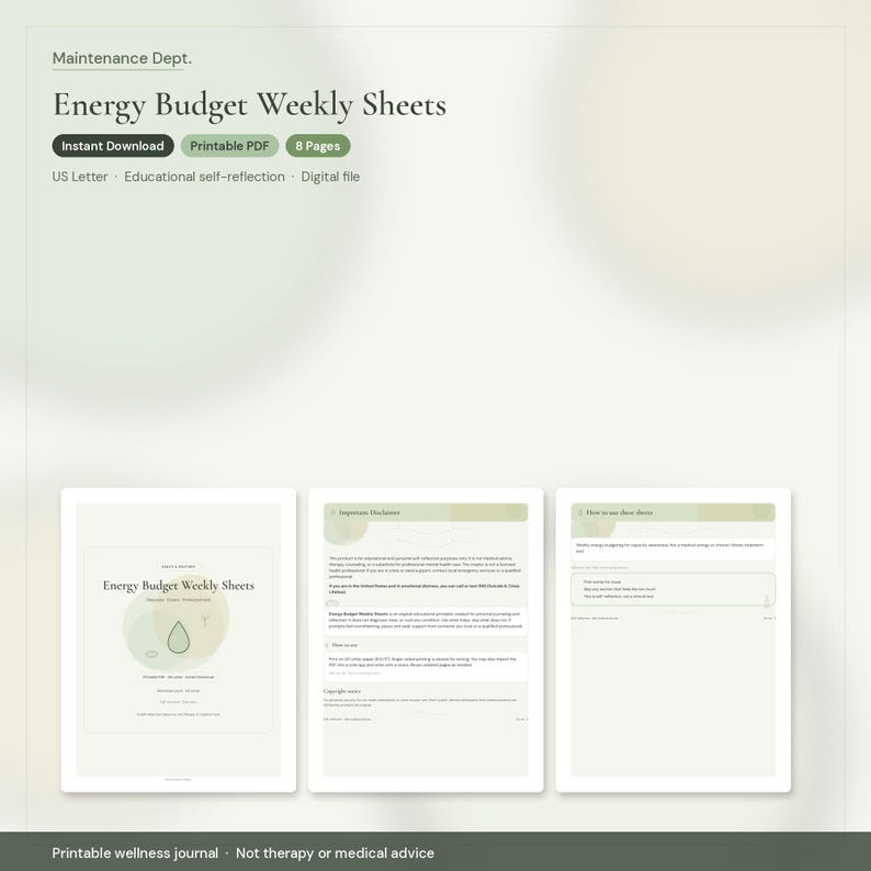 Puede incluir: Un conjunto digital de hojas semanales de presupuesto de energ&iacute;a en tama&ntilde;o carta estadounidense. El documento incluye ocho p&aacute;ginas para la autorreflexi&oacute;n educativa, con un dise&ntilde;o minimalista en tonos verdes, encabezados y un aviso legal.