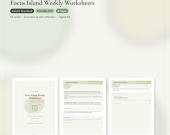 Puede incluir: Un conjunto digital de hojas de trabajo semanales Focus Island en formato PDF imprimible. El documento incluye ocho páginas para la autorreflexión educativa en papel tamaño carta de EE. UU. El diseño presenta una paleta de colores verde suave.