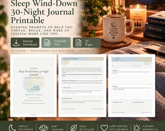 May include: A digital Sleep Wind-Down 30-Night Journal printable featuring 35 pages of evening prompts. The set includes a cover page, a disclaimer, and a daily reflection sheet. Text includes Maintenance Dept. and Slower Nights Brighter Days.