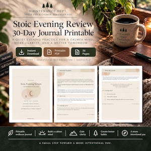 Puede incluir: Un archivo digital imprimible de diario de 30 días Stoic Evening Review con 36 páginas de reflexiones personales. El documento incluye un aviso legal importante, instrucciones de uso y una guía de rituales nocturnos en tonos beige y marrón.