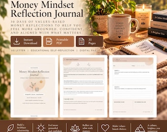 May include: A digital Money Mindset Reflection Journal featuring 35 pages of values-based prompts. The document includes a cover page, an important disclaimer, and a daily reflection template with space for notes, all in a neutral beige color palette.