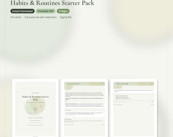 May include: A digital Habits & Routines Starter Pack featuring five pages in US Letter format. The document includes an educational self-reflection guide, an important disclaimer, and a list of bundle contents with a soft green and white color scheme.