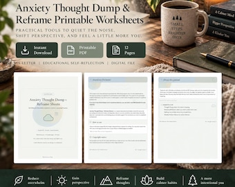 May include: Anxiety Thought Dump & Reframe printable worksheets featuring 12 pages of educational self-reflection tools. The digital file includes an instant download PDF in US Letter size, designed to help quiet the noise and shift perspective.