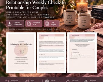 May include: A digital relationship weekly check-in printable for couples featuring 14 pages of prompts. The document includes text such as Relationship Weekly Check-In, Important Disclaimer, and About this journal, presented on US letter size paper.