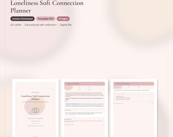 May include: A digital Loneliness Soft Connection Planner with eight pages in US Letter size. The document features a soft pink color palette, including a title page, an important disclaimer, and instructions on how to use the sheets.