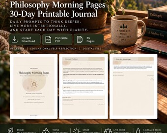 May include: A 30-day printable journal titled Philosophy Morning Pages, featuring daily prompts for self-reflection. The digital file includes 35 pages in US Letter format, presented with a speckled ceramic mug and books on a wooden surface.