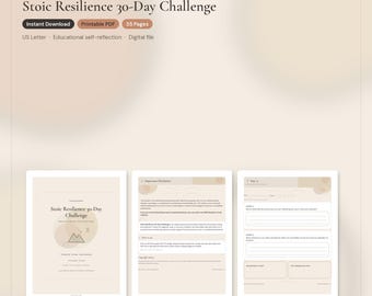 Puede incluir: Un diario digital imprimible Stoic Resilience 30-Day Challenge en formato PDF de 35 páginas. El documento presenta una paleta de colores beige neutro, tipografía minimalista y secciones estructuradas para la autorreflexión diaria, incluyendo una página de aviso legal.