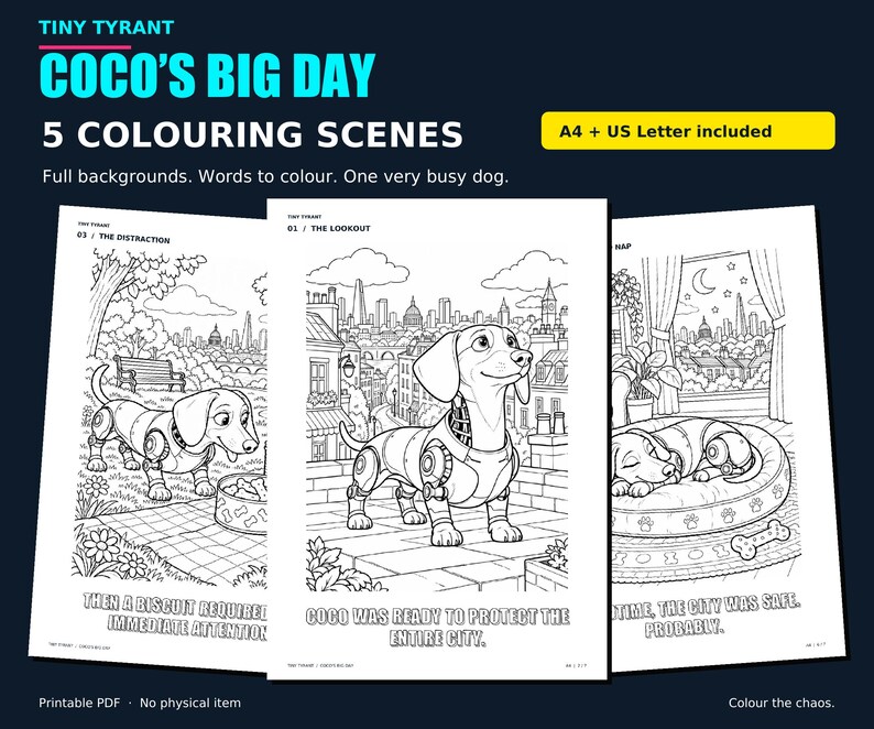 Coco’s Big Day: five printable story colouring pages, with three actual black-and-white page previews on a navy background. A4 and US Letter included.