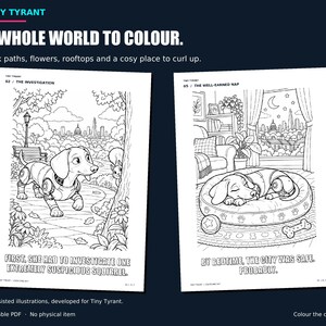 Large previews of the park and bedtime pages showing full backgrounds. AI-assisted Tiny Tyrant illustrations.