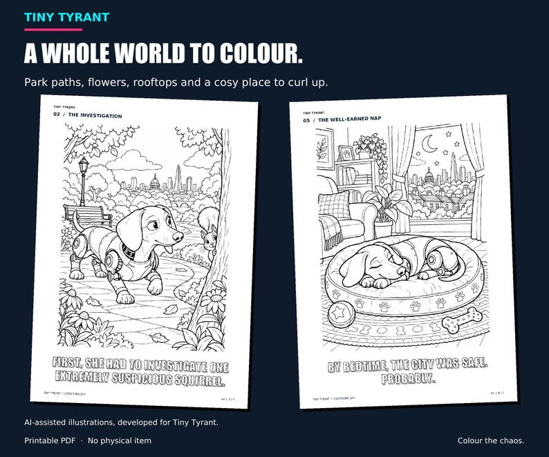 Large previews of the park and bedtime pages showing full backgrounds. AI-assisted Tiny Tyrant illustrations.
