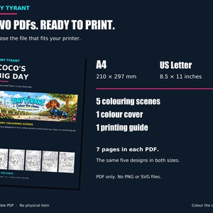 Actual colour cover and pack contents: five colouring scenes, one cover and one guide in each of two PDFs, A4 and US Letter. Both contain the same designs.