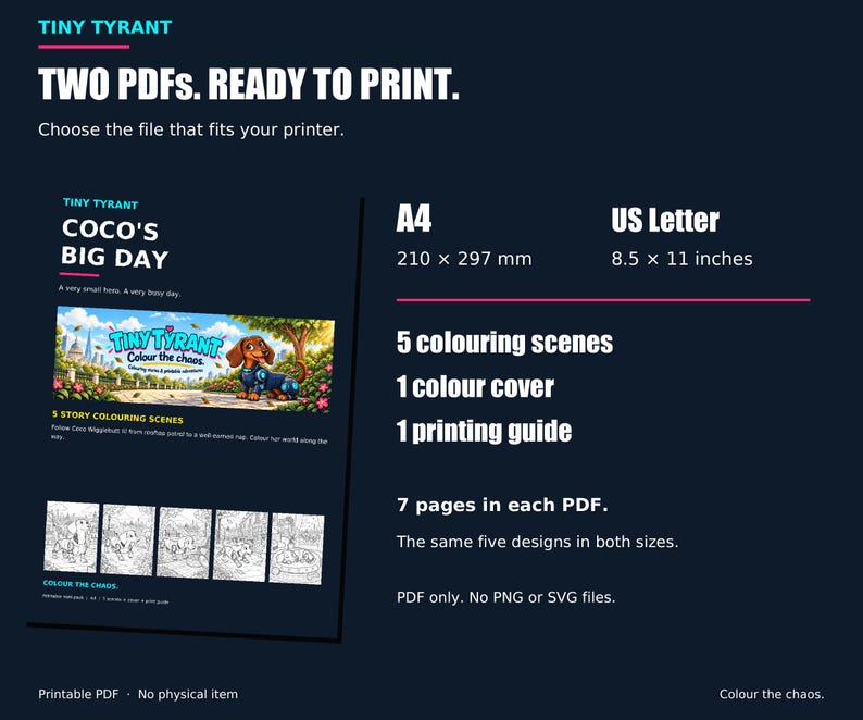 Actual colour cover and pack contents: five colouring scenes, one cover and one guide in each of two PDFs, A4 and US Letter. Both contain the same designs.