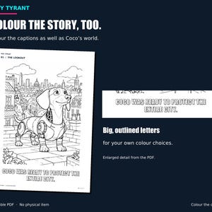 A colouring page beside an enlarged example of its outlined story caption, showing letters that can be coloured.