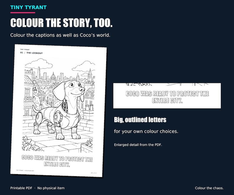 A colouring page beside an enlarged example of its outlined story caption, showing letters that can be coloured.