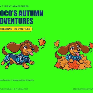 Green Tiny Tyrant cover showing Coco chasing autumn leaves; ten designs and twenty SVG files.