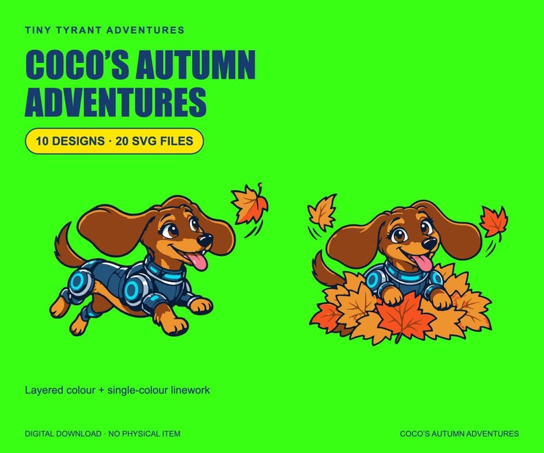 Green Tiny Tyrant cover showing Coco chasing autumn leaves; ten designs and twenty SVG files.