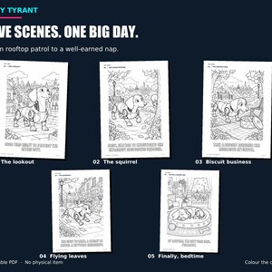 All five actual colouring pages arranged in story order: lookout, squirrel, biscuit, leaf chase and bedtime.
