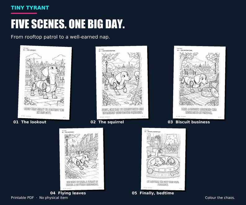All five actual colouring pages arranged in story order: lookout, squirrel, biscuit, leaf chase and bedtime.