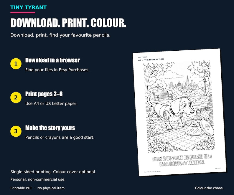 Three steps to start colouring: download in a browser, print pages two to six and add your colours. An actual picnic colouring page appears beside the instructions.