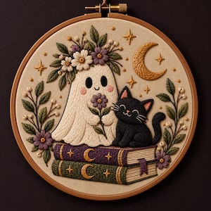 Puede incluir: Un bastidor de bordado con un fantasma blanco con corona de flores sosteniendo una flor morada, sentado junto a un gato negro sobre dos libros apilados. Los libros son morados y verdes con diseños de lunas y estrellas doradas, rodeados de enredaderas.