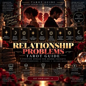 May include: A digital tarot guide titled Relationship Problems featuring a nine-position card spread. The image displays text including 243 pages, 9 positions, 78 tarot cards, and 1,404 interpretations. It shows a broken heart graphic and a couple.