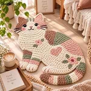 May include: A cat-shaped crochet rug featuring a cream-colored base with patches of brown, sage green, and soft pink. The design includes embroidered floral accents and a heart shape on the back, with black yarn whiskers and large dark eyes.