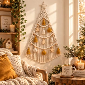 Puede incluir: Un árbol de Navidad de macramé para colgar en la pared, hecho de cuerda de algodón color hueso. El árbol presenta una estrella en la parte superior, hebras horizontales superpuestas y adornos colgantes que incluyen borlas color mostaza, campanas blancas y estrellas de madera.