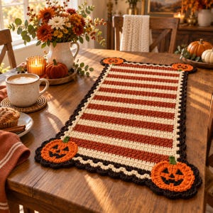 Häkelanleitung für einen Kürbis-Tischläufer, Herbstliche Halloween-Tischdeko, Herbstliche Häkel-PDF