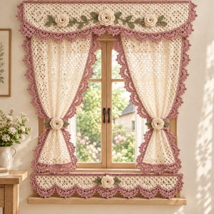 Puede incluir: Un juego de cortinas de ganchillo color crema con un borde festoneado en rosa empolvado. El diseño incluye una cenefa y alzapaños adornados con rosas de ganchillo tridimensionales y hojas verdes, creando un adorno decorativo para ventanas.