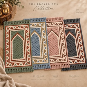 May include: Four rectangular prayer rugs with fringe, featuring a central arch design and a geometric border. The rugs are available in sage, dusty blue, blush, and charcoal colors, each accented with ivory, caramel, cream, gold, mocha, or copper details.