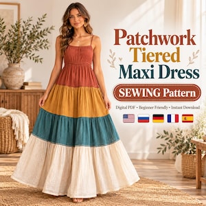 Può includere: Un abito lungo a balze con design patchwork a fasce orizzontali color ruggine, giallo senape, verde acqua e crema. Il testo recita Patchwork Tiered Maxi Dress SEWING Pattern, Digital PDF, Beginner Friendly, Instant Download, con cinque bandiere.