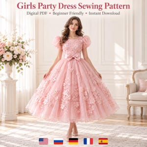 May include: A digital PDF sewing pattern for a girls' party dress. The dress is light pink with puff sleeves, a round neckline, and a full skirt adorned with floral appliqués and a satin bow at the waist. Text reads: Girls Party Dress Sewing Pattern.