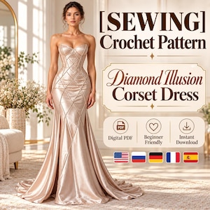 May include: A floor-length champagne-coloured corset dress with a diamond-shaped grid pattern. The text reads [SEWING] Crochet Pattern, Diamond Illusion Corset Dress, Digital PDF, Beginner Friendly, and Instant Download, with five national flags.