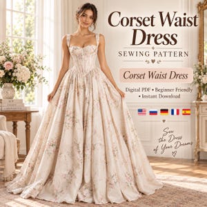 May include: A digital sewing pattern for a corset waist dress featuring a floor-length gown with a floral print, a structured bodice, and wide straps. The text reads: Corset Waist Dress, Sewing Pattern, Digital PDF, Beginner Friendly, Instant Download.